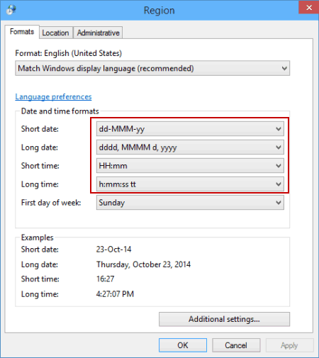 change date and time formats in region window