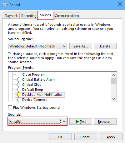 change sound for desktop mail notification