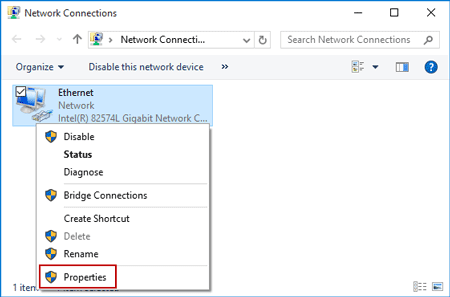 open network connection properties