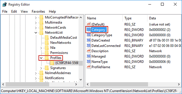 recognize network to change type in registry editor