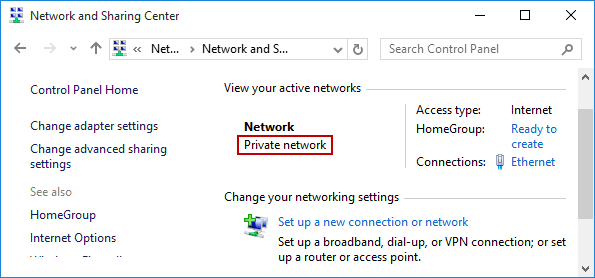 successfully change network type to private