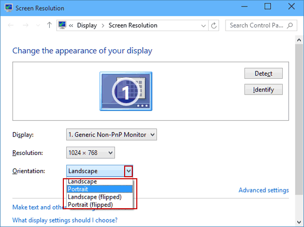 hotkey to change screen orientation windows 10