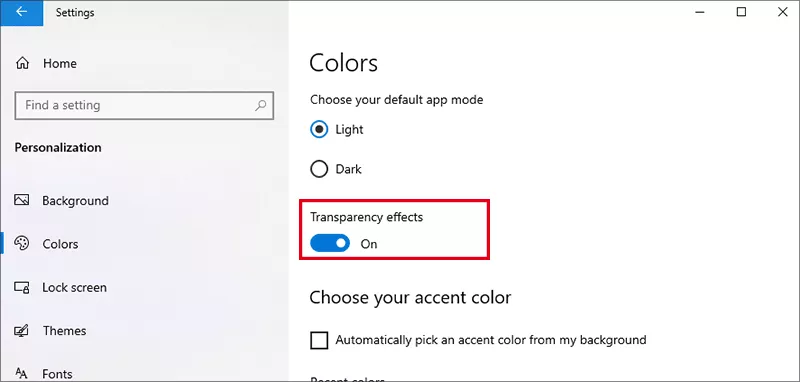 turn on Transparency effects