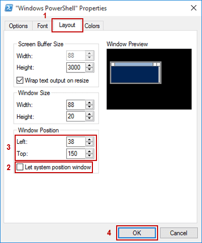 change windows powershell window position