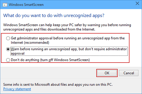 choose windows smartscreen setting