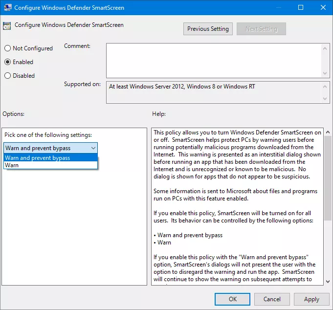 Configure Windows Defender SmartScreen