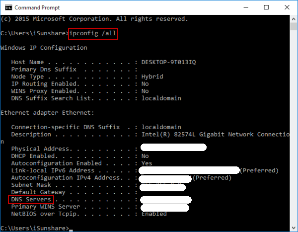 check DNS address in cmd