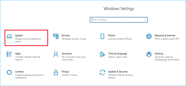 click System in Windows Settings