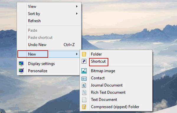 choose shortcut in new