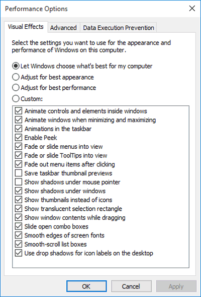 how to get to performance options windows 10
