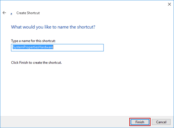 finish creating hardware settings shortcut