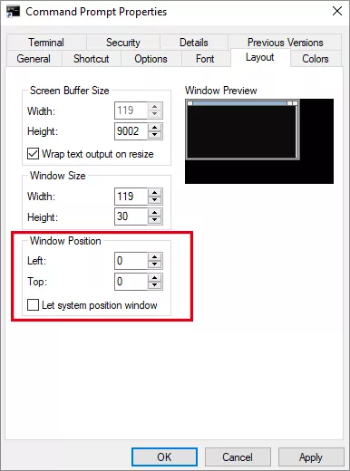 move window position