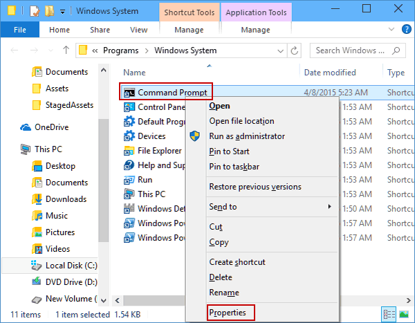 open command prompt properties