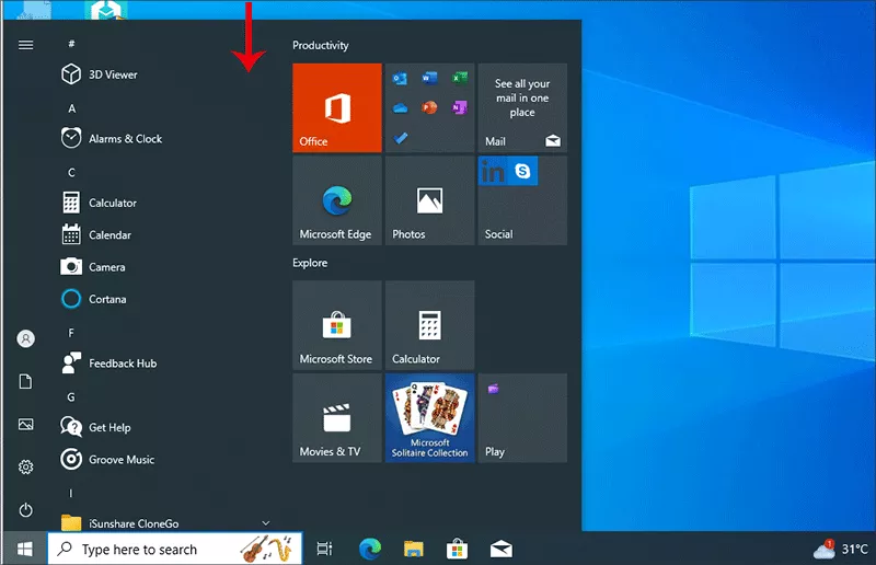drag down top line of start menu