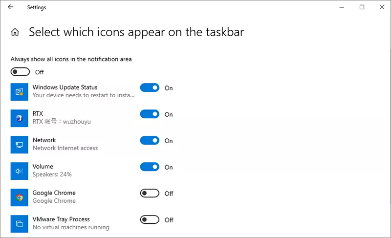 select which icons appear on the taskbar