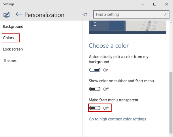 turn off or on make start menu transparent