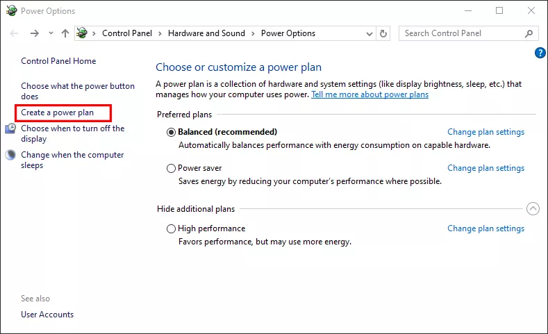 click Create a power plan