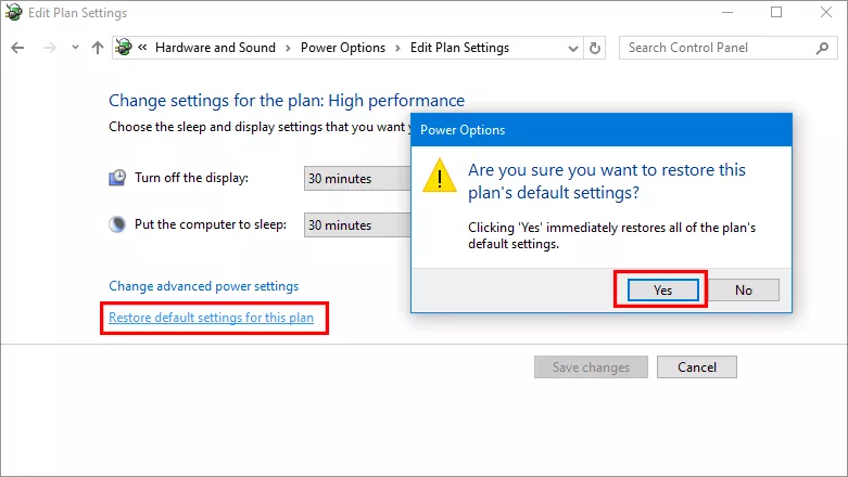 restore default settings for this plan