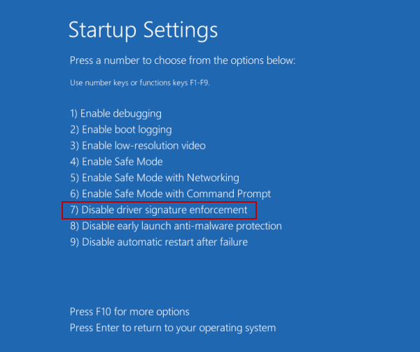 select disable driver signature enforcement
