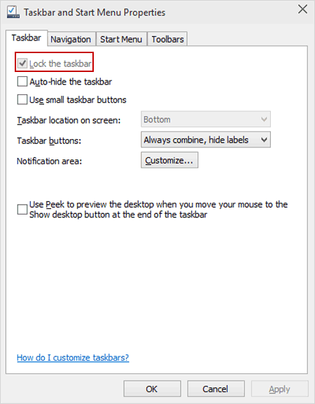lock the taskbar setting disabled