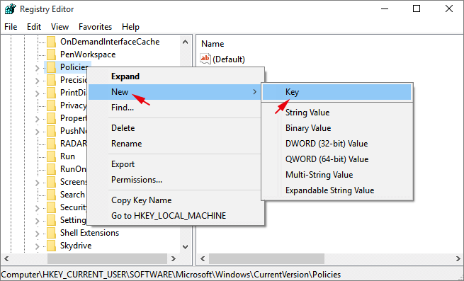 create explorer key manually