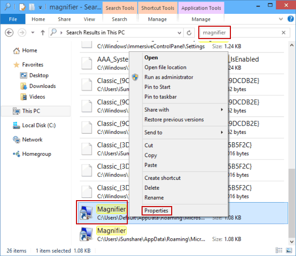 Open Magnifier properties