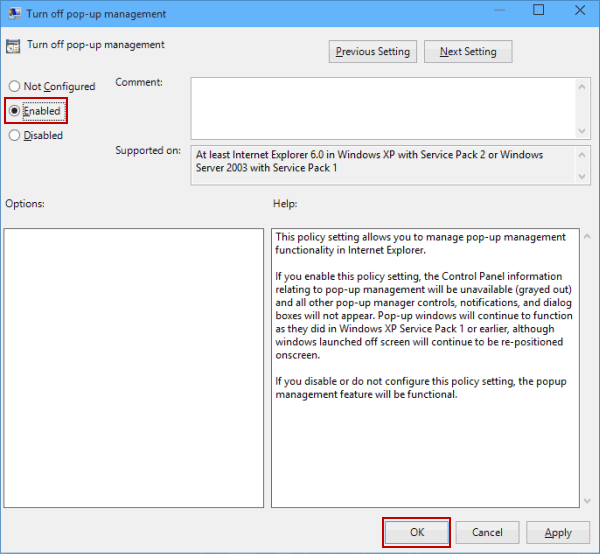 enable turn off pop up management