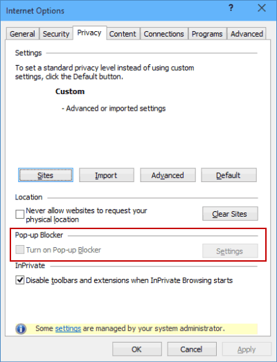 Disable Pop-up Settings in Windows 10