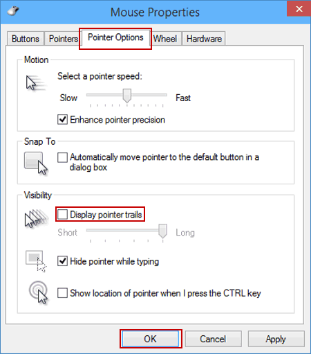 deselect display pointer trails in pointer options