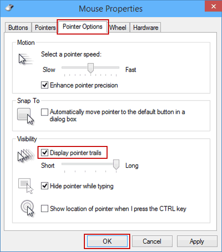 select display pointer trails in pointer options