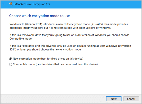 choose encryption mode