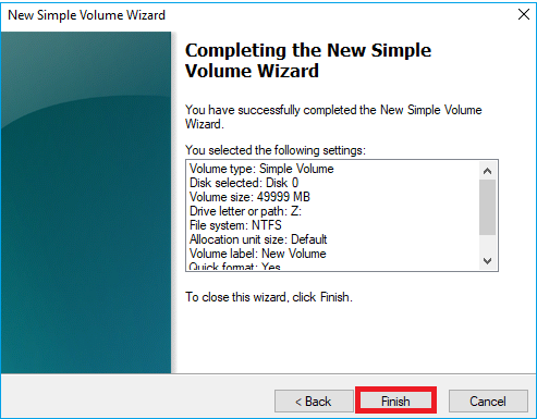 complete the new simple volume wizard