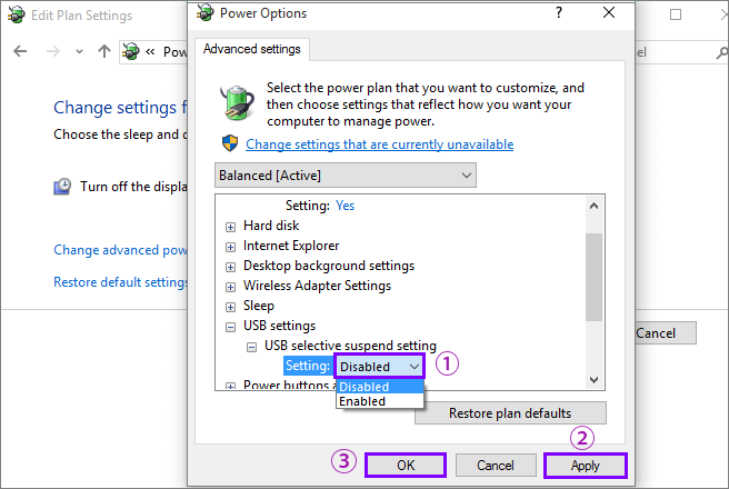 disable usb selective suspend setting