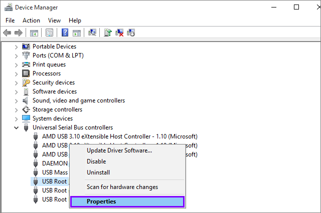 right click usb root hub and select properties