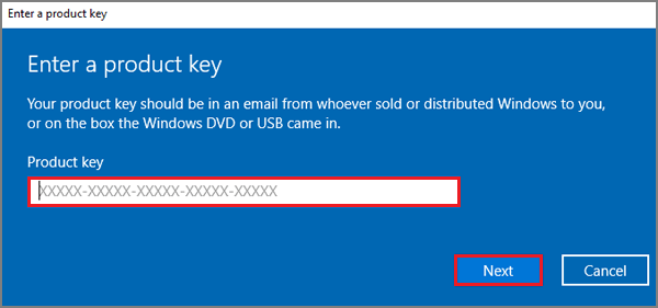 enter the product key and click next