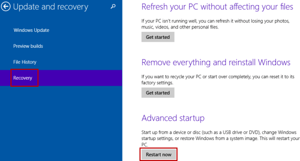 select recovery and tap Restart now