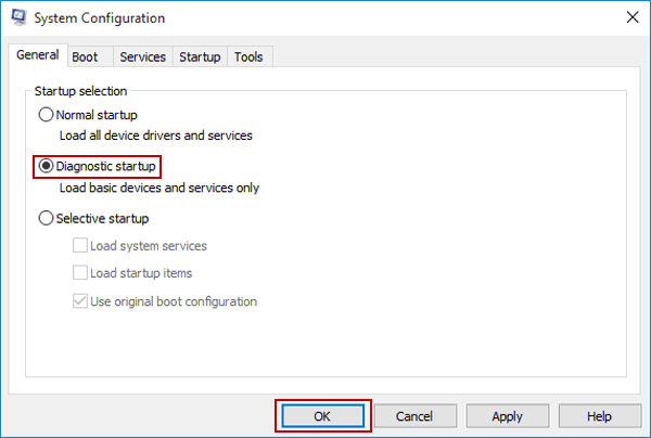choose Diagnostic startup