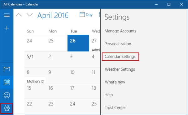 open calendar settings