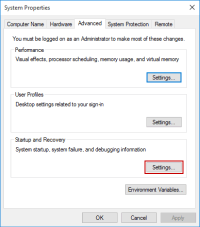 access startup and recovery settings