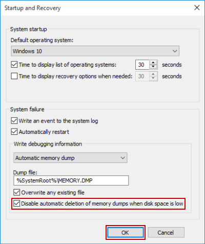 disable automatic deletion of memory dumps