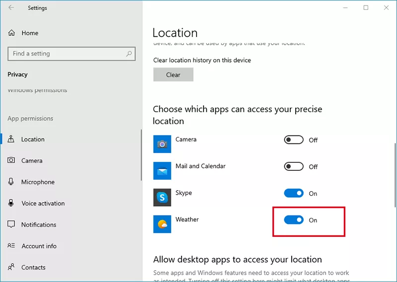 make sure weather is allowed to access location
