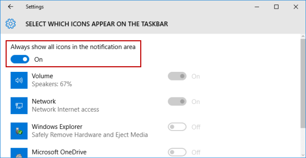 turn on always show all icons in the notification area