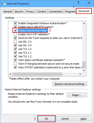 enable smart screen filter in internet options