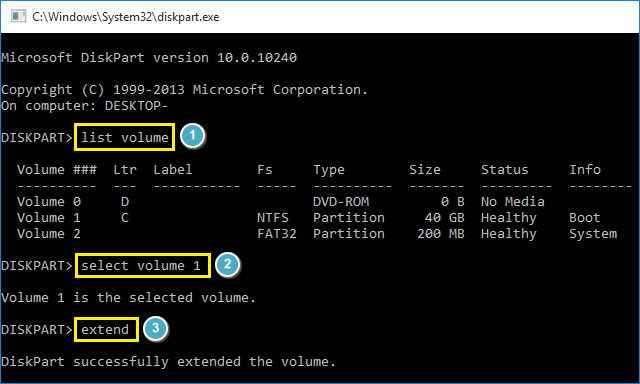 extend Windows 10 OS partition in Diskpart.exe