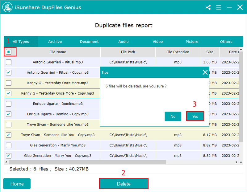 delete duplicate music files