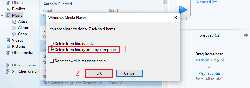 delete from library and my computer