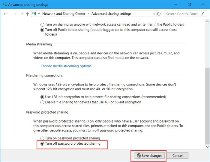 turn off password protected sharing windows 10