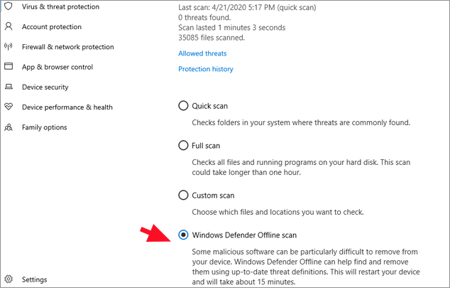 select windows defender offline scan