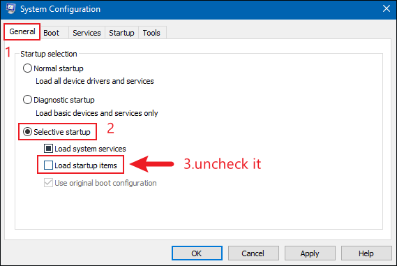 uncheck load startup items