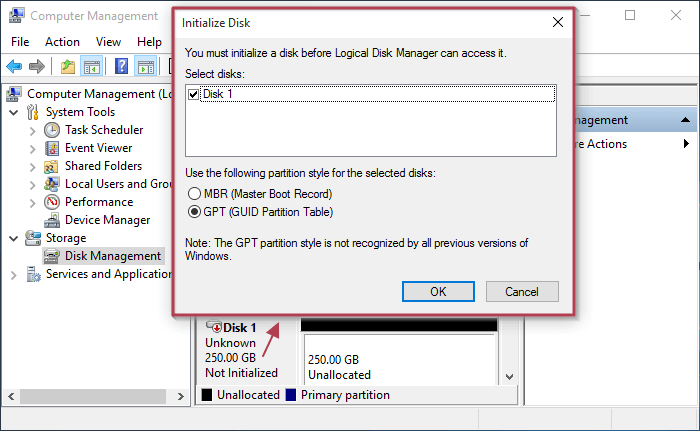 initialize large disk